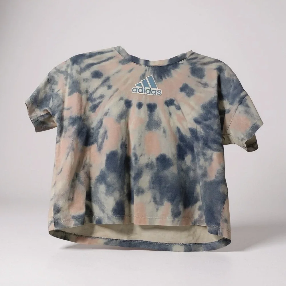 Adidas Kids Girls Tie Dye Crop T Shirt Top Blue Pink White Size M 10 12‎